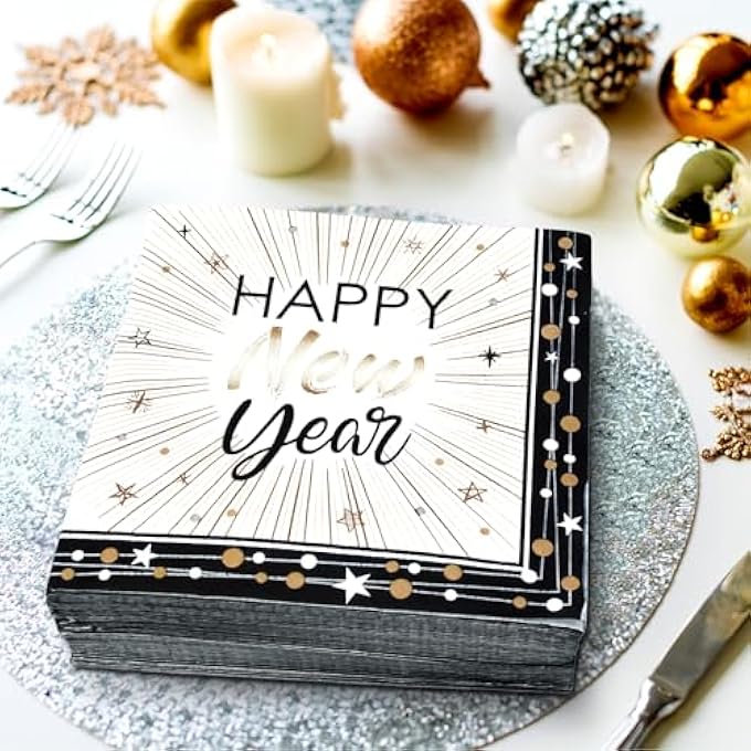 50 HAPPY NEW YEAR PAPER NAPKINS DISPOSABLE BLACK GOLD PARTY DINNER NAPKIN - Image 5